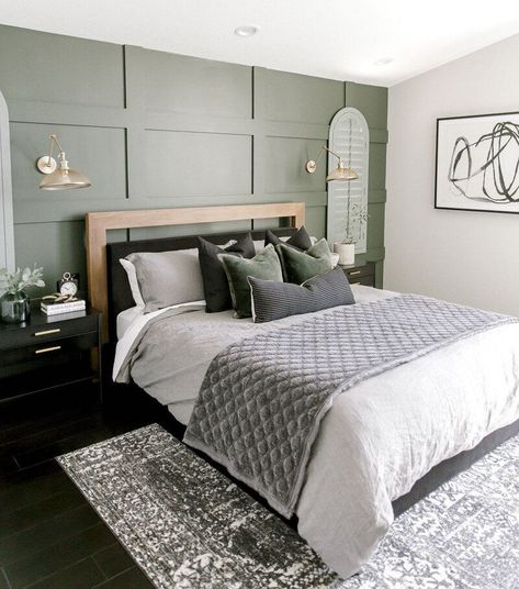 11 Dreamy Olive Green Color Combinations to Try in Your Home Blue Green Bedrooms, Panelling Ideas, Olive Green Bedrooms, Green Accent Wall, Pearl House, Green Accent Walls, Earthy Bedroom, Sage Green Bedroom, Bedroom Accent