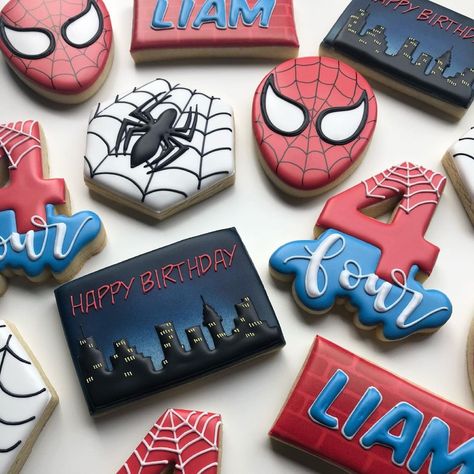 Spider Web Cookies, Spiderman Cookies, Spiderman Decorations, Spiderman Birthday Cake, Royal Icing Sugar, Man Cookies, Icing Design, Cookie Bouquet, 4th Birthday Cakes