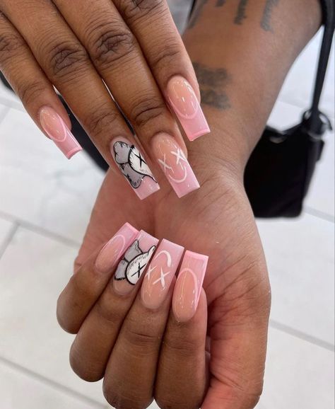 Kaw Nails Short, Kaws Nails Design Medium, Pink Kaws Nails, Kaws Nails, Nail Academy, Diy Acrylic Nails, Blue Acrylic Nails, Colored Acrylic Nails, Girly Acrylic Nails