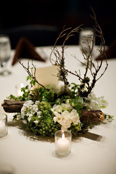 woodland centerpieces by Francoise weeks Woodland Wedding Centerpieces, Woodland Centerpiece, Woodland Theme Wedding, Zelda Wedding, Rustic Woodland Wedding, Enchanted Forest Wedding, Woodsy Wedding, Rustic Wedding Centerpieces, Wedding Winter