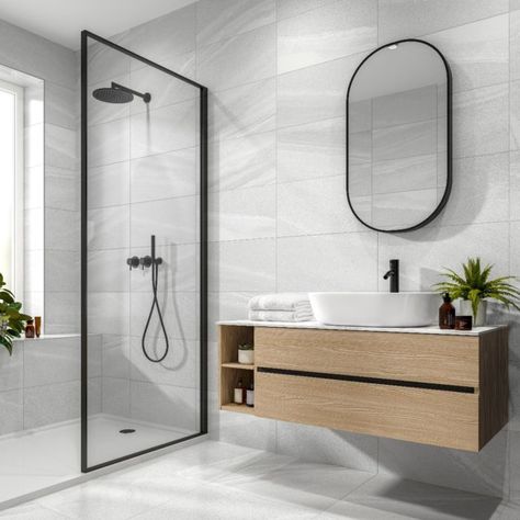 Modern Bathroom Design Grey, Light Grey Bathrooms, Grey Bathroom Tiles, Bad Inspiration, Bathroom Inspiration Decor, Bathroom Design Luxury, Bathroom Renos, House Bathroom, Modern Bathroom Design