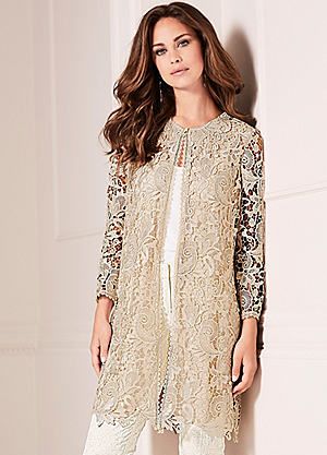 Longline Lace Jacket #kaleidoscope #occasion #wedding Lace Jackets For Women Classy, Lace Jackets For Women, Elegant Plus Size Outfits, Long Lace Jacket, Long Jacket Outfit, Lace Kurta, Mother Of The Bride Trouser Suits, Lace Blazer Jacket, Dress Brokat Modern