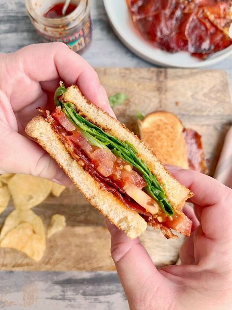 Today, we’re making a Candied Prosciutto BLT! The last time we met, I introduced you to the world of candied prosciutto. But today, I’m going to show you one of my favorite ways to use that candied prosciutto. We’re going to load a toasty sandwich up with some fresh tomato, some leafy greens, a spicy schmear, and our sweet and crispy meat. And, the end result is going to be truly phenomenal. Candied Prosciutto, Stew Beef Chili, Savory Sandwiches, Turkey Cookies, Whole Turkey, Sugar Free Vegan, Spicy Mayo, Dessert Dips, Bread Cake