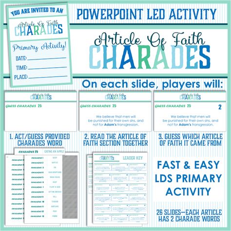 Primary Activity Ideas: Articles Of Faith Charades - Primary Activity Days - Fun Article of Faith Lesson! Lds Primary Charades, Article Of Faith Games Activity Days, Articles Of Faith Activities, Articles Of Faith Games Activity Days, Lds Primary Activity Days, Activity Days Lds, Lds Primary Games, Primary Activity Ideas, Primary Activity Days