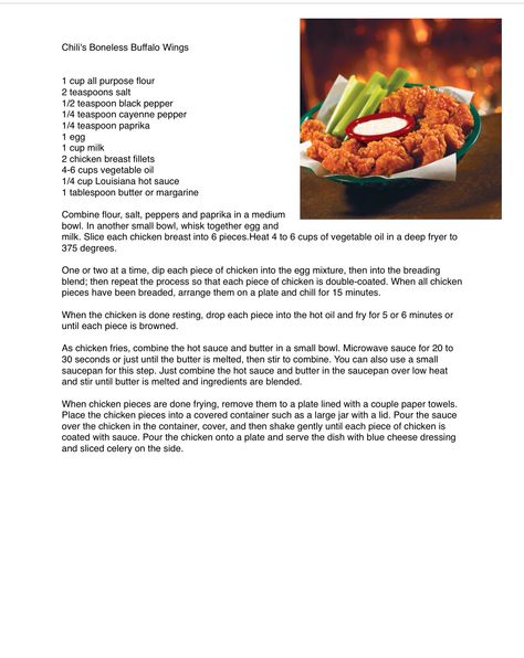 Chilis Boneless Buffalo Wings, Applebees Boneless Buffalo Wings, Beef Cannelloni Recipes, Beef Cannelloni, Boneless Wing Recipes, Boneless Buffalo Wings, Recipes Instructions, Copycat Food, Haitian Recipes