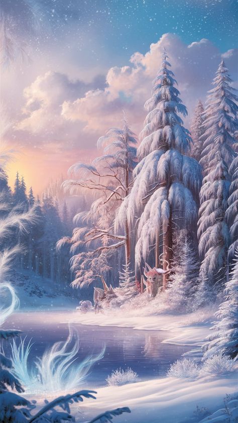 Immerse yourself in this enchanting winter landscape inspired by aespa. A snowy forest with towering pines and gently falling snowflakes creates a serene atmosphere. The frozen lake reflects the pastel sunset, while magical wisps of mist and mythical creatures add a touch of fantasy. Perfect for winter wallpaper, this tranquil scene invites elegance and charm into your space. #WinterWallpaper #Aespa #FantasyArt Enchanted Snow Forest, Magic Winter Forest, Frozen Fantasy Landscape, Fantasy Snow Forest, Fantasy Snowy Landscape, Fairy Moodboard, Winter Fae, Fantasy Snow, Mythical Forest