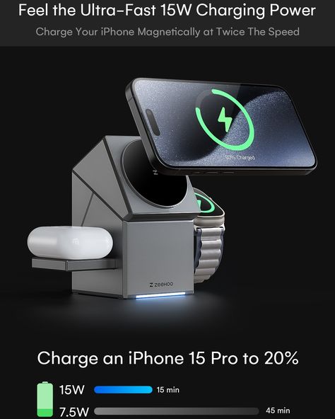 Qi2 certified and 15w fast charging, ZEEHOO CubeTrick X 3in1 Wireless Charging Station #3in1 #zeehoo #magsafe #iPhone15 #cybertruck #applewatch #wirelesscharger Learn more: https://zeehoox.com/charging/zeehoo-cubetrick-x-3in1-wireless-charging-station/ Wireless Charging Station, Charging Station, Wireless Charger, Fast Charging, Wireless Charging, Apple Watch, Iphone