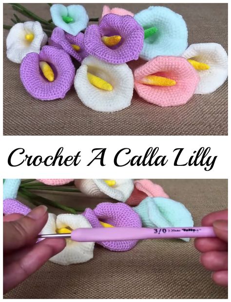 Crocheted calla lily Novelty Crochet, Zantedeschia Aethiopica, Crochet Wire, Crochet Beautiful, Yarn Patterns, Lilly Flower, Fiber Crafts, Crocheted Flower, Crochet Flowers Free Pattern