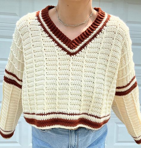 THIS IS A DIGITAL PDF DOWNLOAD, NOT A PHYSICAL PRODUCT. The Varsity Sweater is an advanced beginner - intermediate crochet pattern that is made-to-measure, so you can customize the fit! It uses worsted weight yarn, I used wool but you can use the fiber of your choice! You will also need a 5mm and 3.5mm crochet hook. Retro Crochet Sweater Pattern, Crochet Grandpa Sweater, Chunky Crochet Sweater Pattern, Sweater Vest Crochet Pattern, Crochet Motivation, Crochet Sweatshirt, Cardigan Styles, Crochet Sweater Vest, Crochet Sweater Design