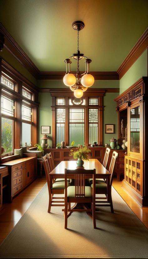 Cozy craftsman bungalow dining room with authentic Eastlake style furniture and soothing green walls, capturing the essence of traditional craftsmanship and design. This inviting space is perfectly lit with natural lighting, showcasing the detailed woodwork and the timeless elegance of the Eastlake aesthetic. 1917 House Interiors, 1910 Craftsman Home, Arts And Crafts Movement Interior Design, 1910 Home Interior, 1910s Aesthetic House, Frank Lloyd Wright Interior Design, 1915 Craftsman Home, Craftsman House Interior Design, 1900 House Interior Decor