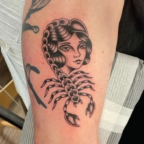 Traditional Scorpion Lady Abstract Tattoo Idea & Design on Man Bicep Traditional Scorpion Lady Tattoo Done At Lady Tattoo, Idea Design, Abstract Tattoo, Tattoo Sleeve, Tattoo Idea, Traditional Tattoo, Scorpion, Sleeve Tattoos, Tattoos For Women