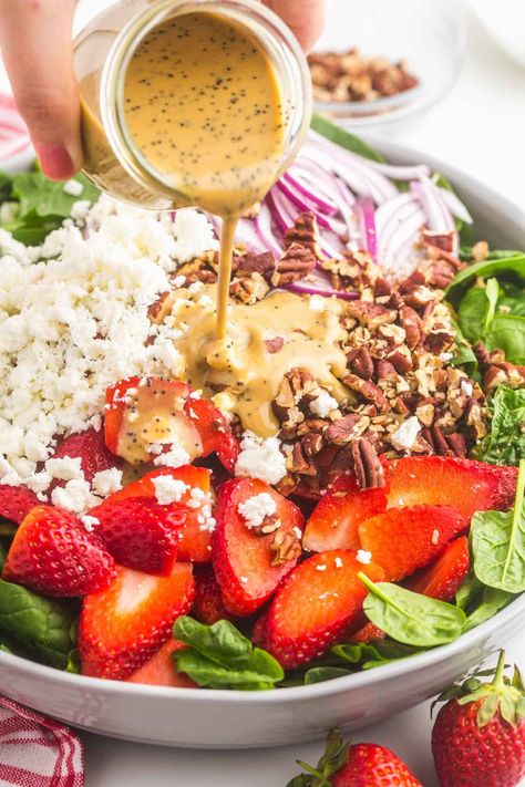 Balsamic Poppyseed Dressing, Strawberry Feta Salad Dressing, Fancy Salad Recipes Dinner Parties, Strawberry Salad With Poppyseed Dressing, Strawberry Spinach Salad With Balsamic, Potluck Salad Recipes, Strawberry Spinach Salad With Poppyseed, Strawberry Pecan Salad, Spinach And Strawberry Salad