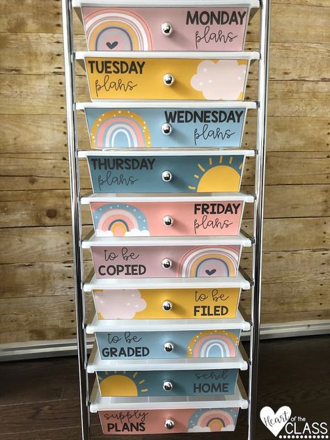 Colorful First Grade Classroom, Elementary Classroom Colorful, Pastel Rainbow Classroom Theme, Kindergarten Classroom Pastel Theme, Rainbow Drawers Classroom, Primary School Classroom, Rainbow Classroom Decor, Elementary Classroom Themes, Boho Rainbow Classroom