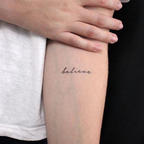 Set of 3 inspirational quote temporary tattoos. Perfect for a boost of motivation or to remind yourself of what you believe in. believe inspirationalquotes . #Tumblr #Believe_Symbol_Tattoo #I_Believe_In_You_Tattoo #One_Word_Tattoos_Women Believer Tattoo Ideas, Belive Yourself Tattoos, Delicate Script Tattoo, Believe Tattoo Ideas, Believe Tattoos For Women, Rippen Tattoo Frau, Believe In Yourself Tattoo, 1 Word Tattoos, Tattoo Tekst