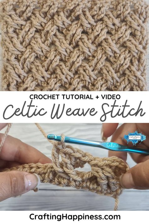 Learn how to crochet the Celtic Weave Stitch, free step-by-step tutorial & video by Crafting Happiness. Easy crochet tutorial for beginners. Celtic Cable Stitch Crochet, Celtic Weave Stitch Crochet, Crochet Celtic Weave Stitch, Crochet Weave Stitch, Interlocking Crochet Patterns Free, Celtic Crochet Patterns Free, Crochet Basket Stitch, Spooky Halloween Basket, Crochet Celtic Knot