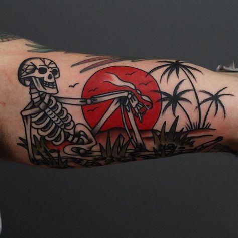 Beachy Tattoos, Mexican Tattoo, Skeleton Tattoo, Traditional Style Tattoo, Skull Sleeve Tattoos, Palm Tattoos, Sick Tattoo, Traditional Tattoo Sleeve, Skeleton Tattoos