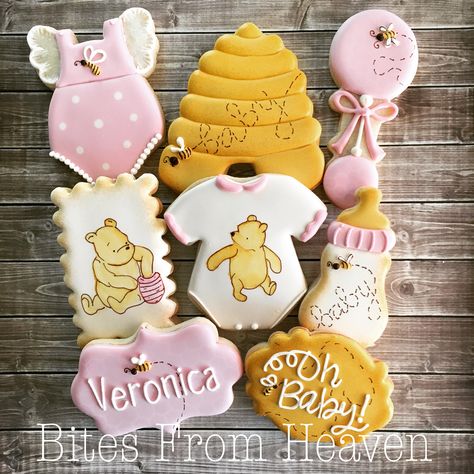 #babyshower #sugarcookies #sabaker #sanantoniotx #alamoranch #cookies #themeparty #decoratedcookies Pooh Baby Shower Cookies, Pooh Cookies, Watercolor Cookies, Baby Shower Sweets, Winnie The Pooh Themes, Winnie The Pooh Baby Shower, Baby Shower Theme Decorations, Baby Shower Deco, Disney Baby Shower