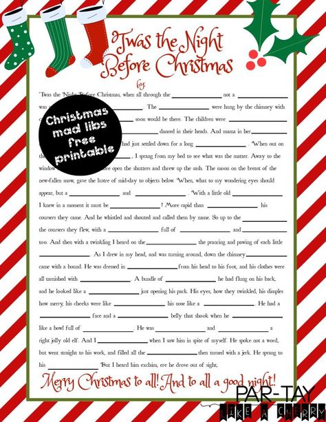 'Twas the Night Before Christmas Mad Libs - Party Like a Cherry Night Before Christmas Party, Christmas Mad Libs, Old Fashioned Words, Christmas Poem, Twas The Night Before Christmas, Christmas Bible, Mad Libs, Christmas Poems, Kids Party Food