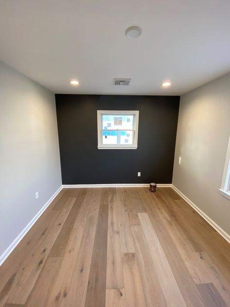 Sherwin Williams Crushed Ice - Peppercorn (Accent Wall) Grey With Black Accent Wall, Grey Wall With Black Accent Wall, Accent Wall Basement Paint, White Room Black Accent Wall, Bedroom Color Accent Wall, Dark Accent Wall With Window, Grey Accent Wall Office, Basement Dark Accent Wall, Accent Wall Mens Bedroom