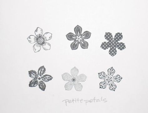 Petite Petals; 5-petal flowers, including: polka dot, bitty dot, baroque, watercolor, pansy, solid 6 Petal Flower Tattoo, Three Petal Flower Tattoo, 4 Petal Flower Tattoo, 5 Petal Flower Tattoo, Flower Pedals Tattoo, Five Petal Flower Drawing, Stampin Up Petite Petals, Simple Flower Drawing, Index Cards