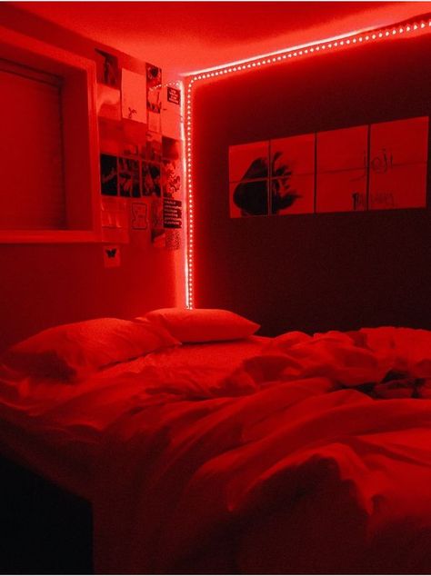 @nataliesiebenlist | relatablemoods Neon Bedroom Aesthetic, Red Room Decor, Black Room Aesthetic, Red Bedroom Design, Vibe Rooms, Glam Bedroom Decor, Neon Bedroom, Led Lighting Bedroom, Black Rooms