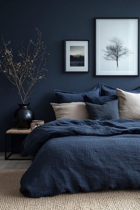 Grey And Navy Bed, Navy Grey Brown Bedroom, Midnight Blue Velvet Bed, Dusty Blue And Tan Bedroom, Navy And Gray Bedding, Navy Blue Gray Bedroom, Dark Blue Bedroom Inspirations, Luxurious Bedrooms Blue, Navy Blue And Natural Wood Bedroom