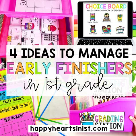 4 Ideas for Managing Early Finishers in 1st Grade Tips and Activities - Happy Hearts in 1st Guided Math Rotations, Math Early Finishers, Math Folders, Reading Facts, Teaching Addition, Fast Finisher Activities, Addition And Subtraction Practice, Read To Self, Math Fact Fluency