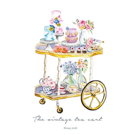 Tea Party Watercolor, Confetti Ideas, Vintage Tea Cart, Craft Room Closet, Beach Theme Wedding Cakes, Prima Watercolor, Tea Illustration, Art Display Kids, 3 Tier Wedding Cakes