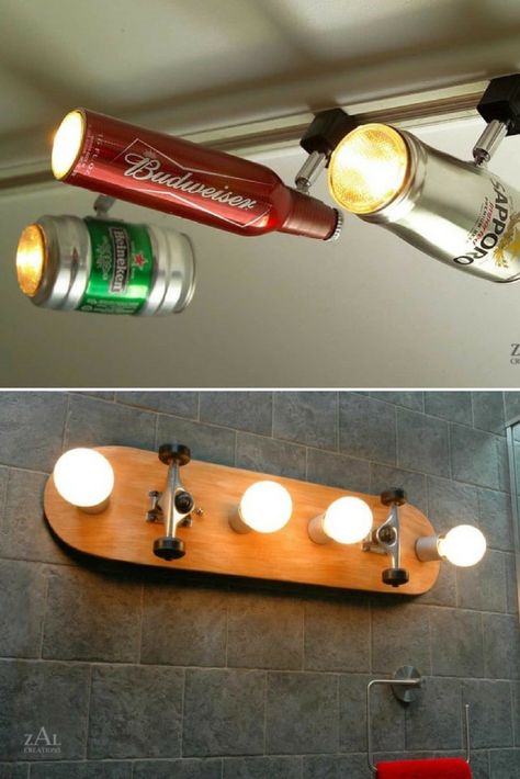 Recycled Ceiling Lights from ZAL Creation: ZAL Creations makes lamps using stuff like beer bottles, pipes and skateboard decks... Quite nice stuff! #bottlelamp #diylighting #handmadelighting #lamp #lighting #lightingdesign #recycle Lamp Homemade, Refurbished Lamps, Pretty Lamps, Led Lamp Design, Guerrilla Marketing, Industrial Style Table, Outdoor Lighting Design, Fish Lamp, Diy Outdoor Lighting