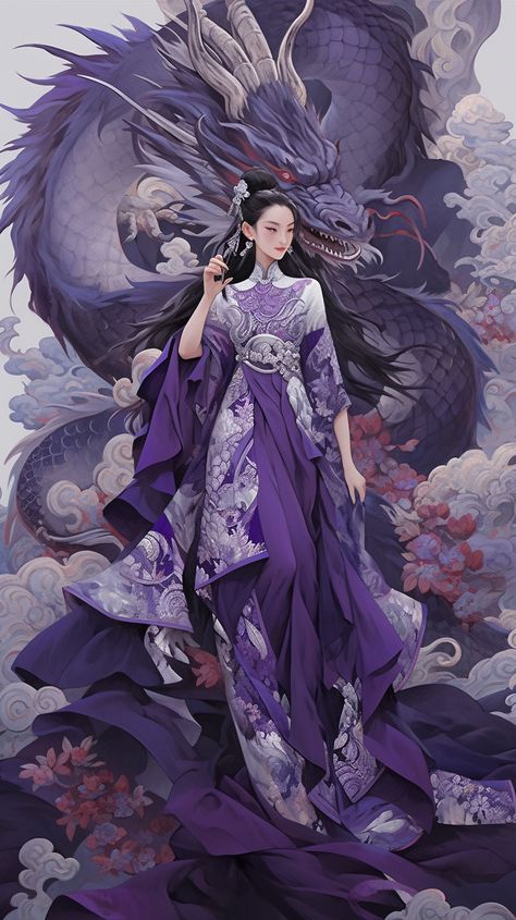 ia art Asian Goddess Art, Xianxia Aesthetic, Thalia Stanton, Purple Chinese Dragon, Asian Oc, Chinese Dragon Art, Hanfu Art, Crystal Kingdom, Dragon Chino