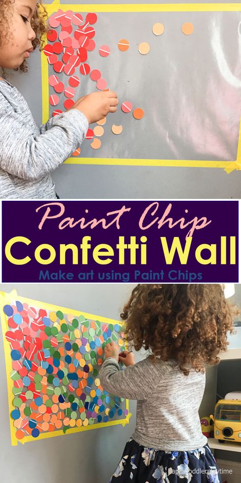 Make beautiful wall art with your toddler using paint chips while at the same time learning colours! Jubilee Activities, Easel Ideas, Learning Colours, Confetti Wall, Toddler Classroom, Sticky Paper, Paint Chip, Fine Motor Skills Activities, Motor Skills Activities