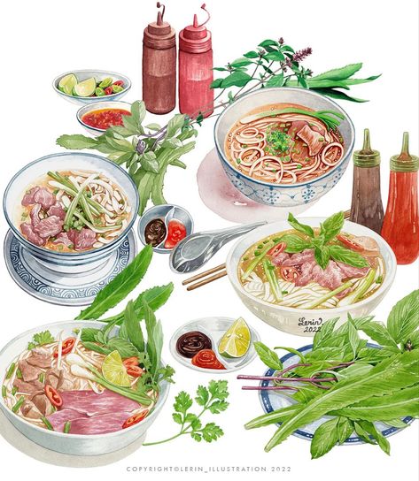 Restaurant Themes, Viet Food, Food Artwork, Vietnamese Restaurant, Food Illustration Art, Cute Food Drawings, Vietnamese Food, Vietnamese Recipes, Food Drawing