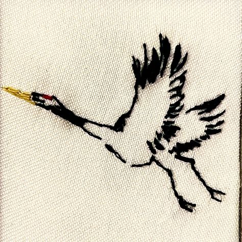 I just finished this tiny hand embroidered flying crane. It's in a silver 4"x4" Asian themed tabletop frame. Cranes are known to represent happiness and good luck. So good luck and good fortune to anyone who sees this 🏯 😊 https://redmusethreadart.etsy.com/listing/1717601876/hand-embroidered-flying-crane-in-a-4x4 Crane Embroidery, Applique Crane, Crane Cross Stitch Pattern, Great Blue Heron Embroidery, Crane Pattern Japanese Kimono, Good Fortune, Embroidery On Clothes, Tiny Hand, Good Luck