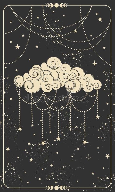 Tarot Card with Ornate Cloud. Magic Card, Boho Style Design, Witch Card, Prediction, Mystical Hand Symbol on Black Stock Vector - Illustration of moon, tattoo: 221176247 Black Mystical Art, Tarot Card Clouds, Witchy Design Aesthetic, Tarot Card Illustration Design, Night Aesthetic Tattoo, Witch Aesthetic Illustration, Magic Design Illustration, Tarot Style Art, Moon Tarot Card Aesthetic