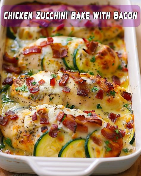 Chicken Zucchini Bake with Bacon Chicken Zucchini Bake, Thai Crunch Salad, Bacon Zucchini, Zucchini Bake, Pecan Chicken Salads, Pecan Chicken, Chicken Slices, Chicken Zucchini, Spinach Pasta