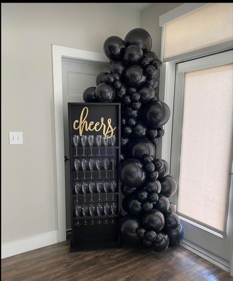 Black On Black Birthday Party, Champagne Birthday Party Ideas, Goth Pinata, Black Theme 40th Birthday, Elegant Birthday Decor For Men, Black 30 Balloons, Masculine Cocktail Party, 30 Year Party Ideas, Black Birthday Dinner Decor