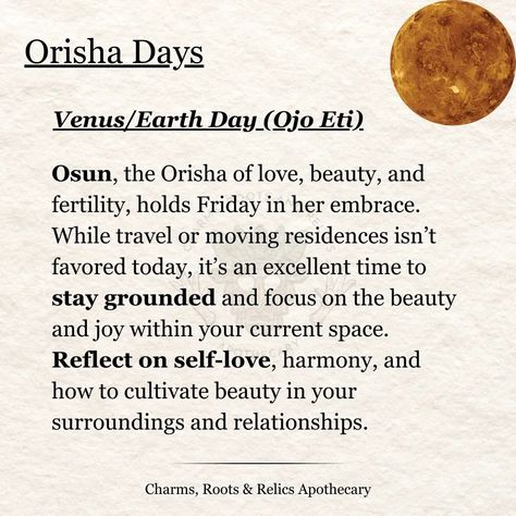 Which Orisha has dominion over the day you intend to initiate your spell or ritual? When you know this, you are able to honor and show gratitude to them to ensure success of your working. #orishas #ifá #osun #yemaya #shango #esu #ogun #oya #obatala #hoodoo #voodoo #brujeria #brujas #witchesofinstagram #hoodoovoodoo #africanspirituality #spirituality #fyp #foryou #explore Ifa Spirituality, Ogun Orisha, Magical Bath, Wiccan Sabbats, Show Gratitude, Voodoo Hoodoo, Bath Recipes, African Spirituality, Ancient Knowledge