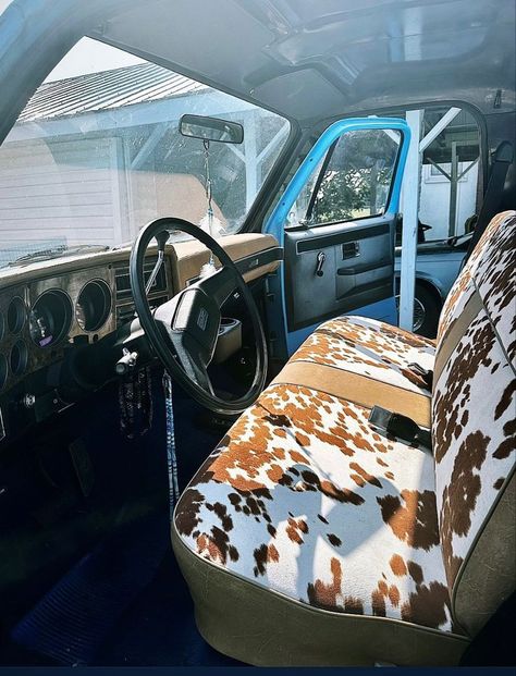 Interior Truck Decor, Cow Print Truck Interior, Western Truck Decor, Western Truck Interior, Truck Decorations Interior, Western Truck Accessories, Truck Interior Ideas, Mercury Truck, Truck Interior Accessories