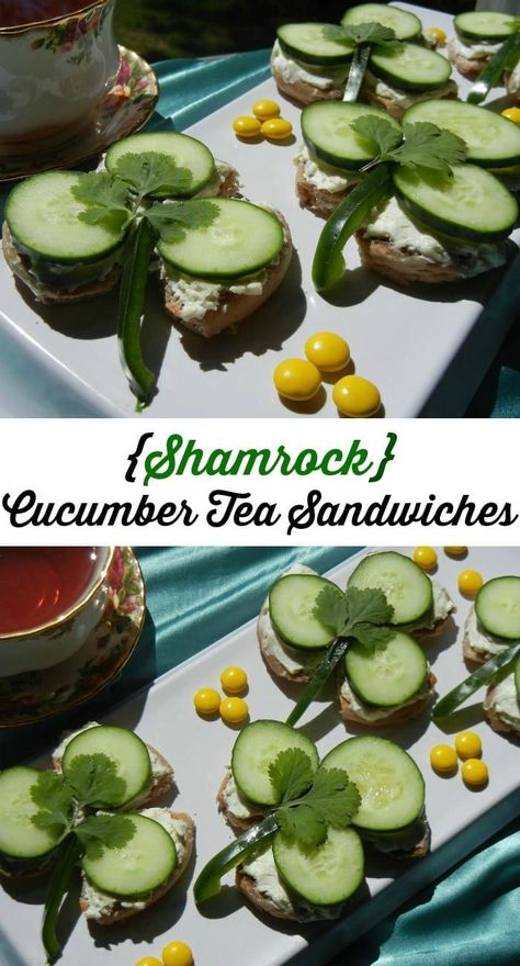 Shamrock Cucumber Tea Sandwiches. Easy, delicious and healthy snacks to make for St. Patrick’s day.  | from willcookforsmiles.com | Healthy St Patricks Day Food and Recipes St Patricks Tea Party, St Patricks Day Food Snacks, St Patrick Party Food, Whole Wheat English Muffins, Food Arrangement, St Patrick's Day Appetizers, Cucumber Tea, St Patricks Food, St Patrick Day Snacks