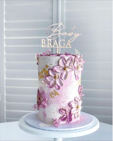 Baby Shower, Buttercream, Hand-painted, Flowers, Palette Knife, Gold Dragees - @sugar_and_crumbs Purple Palette Knife Cake, Palette Knife Cake, Sweet Birthday Cake, 25th Birthday Cakes, Beautiful Cake Stands, Ballerina Cakes, Beautiful Cake Designs, Elegant Birthday Cakes, Tall Cakes