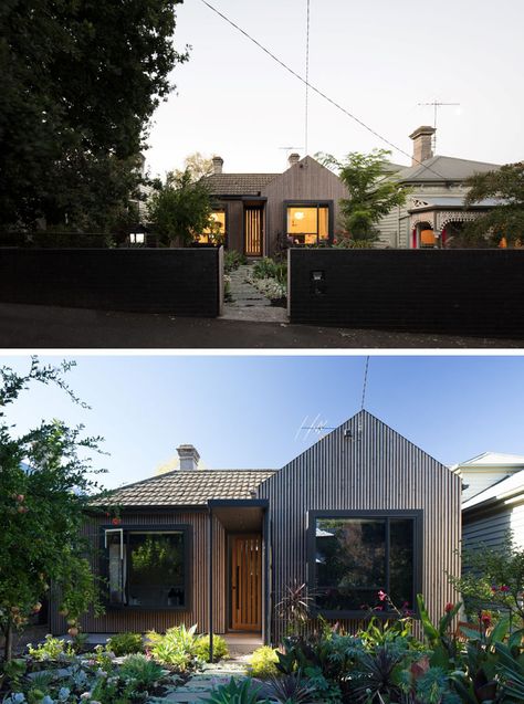 The new street facade of this original brick cottage was re-clad using greyed timber battens to soften the brown brick walls, while the bedrooms have been given a pop bay window relieving the flat facade. #WoodFacade #CurbAppeal #RenovatedHouse #Architecture Brick Queenslander, Brick And Timber Cladding, Timber Clad Extension, Render And Timber Cladding, Timber Clad Extension Brick House, New Home Windows, Bay Window Exterior, Modern Architecture Interior, Brick Cottage