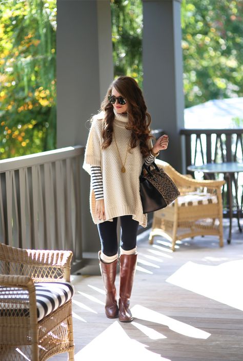 Shop this look on Lookastic:  https://lookastic.com/women/looks/poncho-crew-neck-sweater-leggings/13993  — Beige Poncho  — White and Navy Horizontal Striped Crew-neck Sweater  — Dark Brown Leopard Leather Tote Bag  — Black Leggings  — Beige Knee High Socks  — Brown Leather Knee High Boots Work Appropriate Outfits, Brown Leather Knee High Boots, Urban Jeans, Poncho Pullover, Boating Outfit, Ideas Outfit, Striped Turtleneck, Outfit Trends, Outfit Winter