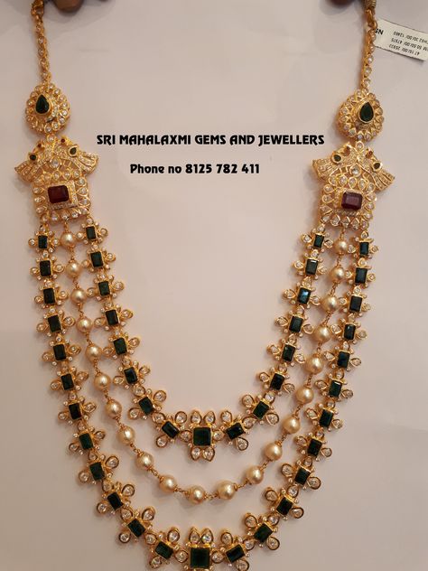 Bridal Long haar studded with Pure Emeralds 162 gms Gwt. Sri Mahalakshmi Gems And Jewellers, Temple Jewelry Necklace, Emerald Set, Long Haram, Gold Pearl Jewelry, Diamond Jewelry Set, Antique Gold Jewelry Indian, Gold Necklace Indian, Gold Jewelry Simple Necklace