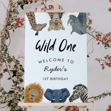 $56 | Wild One Safari Animals Boy's 1st Birthday Welcome - birthday party, safari animals, zoo animals, boy birthday, wild one, 1st birthday, first birthday, modern, cute, kids Birthday Welcome Board, Birthday Party Safari, Safari Theme Birthday Party, First Birthday Posters, Safari Theme Birthday, Welcome Board, Birthday Party Design, Safari Theme, Wild One