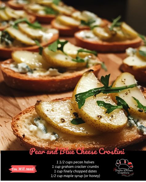 Indulge in the perfect appetizer with these delicious Pear and Blue Cheese Crostini. The combination of sweet pears and tangy blue cheese on crispy baguette slices will have your guests coming back for more. Try this elegant and tasty dish at your next gathering! #appetizer #crostini #pear #bluecheese #partyfood Blue Cheese And Pear, Appetizer Crostini, Blue Cheese Crostini, Pear Crostini, Pear And Blue Cheese, Baguette Slices, Cheese Crostini, Impressive Appetizers, Roasted Pork Tenderloins