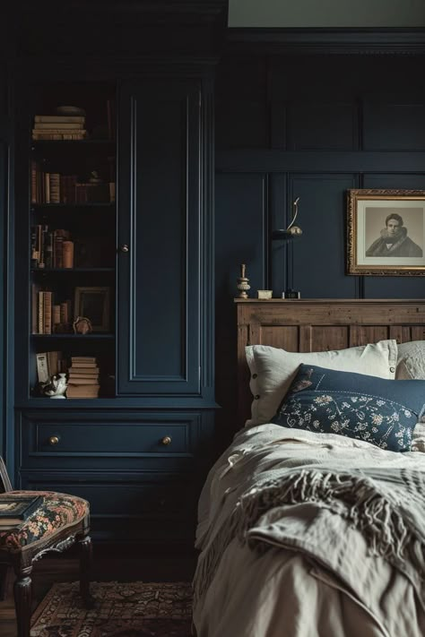 25 Dark Academia Bedroom Ideas You'll Love - Roomy Retreat Cosmic Room, Kings Bedroom, Bedroom Dark Furniture, Moody Blue Bedroom, Dark Blue Room, Dark Blue Bedroom Walls, Academia Bedroom Ideas, Dark Academia Bedroom Ideas, Blue Green Bedrooms