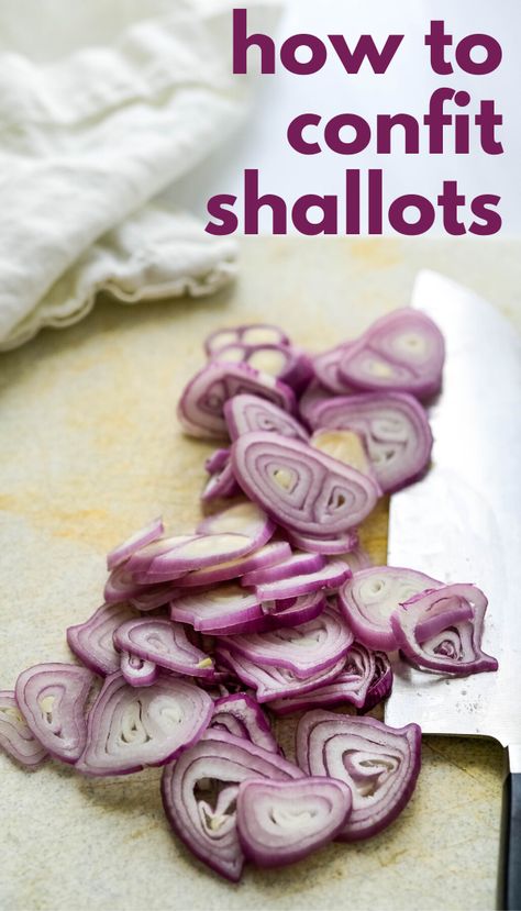 Here's an easy 2 ingredient, oven roasted poached shallot recipe. I'll show you how to make shallot confit (and garlic confit) and ways to use them in some simple ways. Turn these stinging alliums into soft, sweet oil poached shallots you can eat right from the spoon. Vegan, keto, paleo. #shallots #garlic How To Use Garlic Confit, Garlic Confit Recipes Oven, Garlic Confit Uses, Confit Vegetables, Garlic Confit Oven, Garlic Confit Recipes, Roasted Garlic Confit, Shallot Confit, Diy Sauces