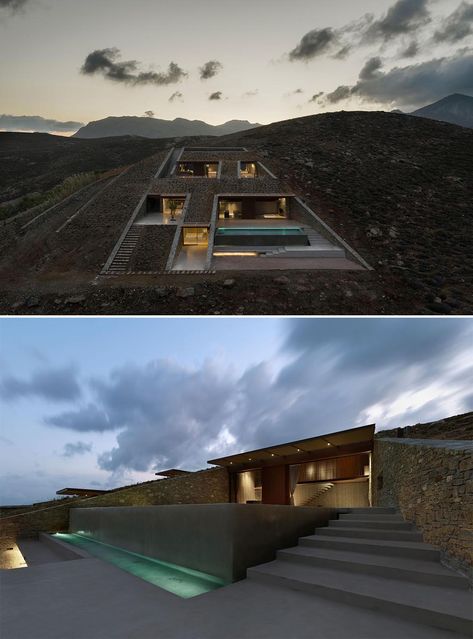 A Home Built Into The Hillside Of This Island Is Almost Invisible Built Into Hillside, House Built Into Hillside, House On Hill, Villa Hills, Summer Cabin, Passive Solar Design, Earth Sheltered, Greek House, Underground Homes