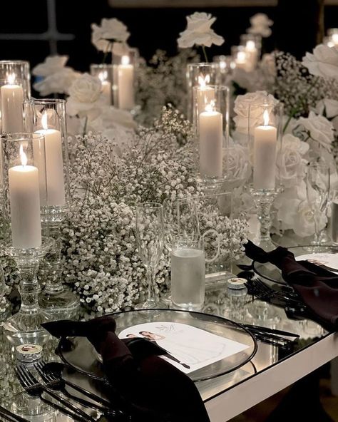 Candlelit Reception Tables, Black And Neutral Wedding Decor, White And Black Wedding Centerpieces, Black And Neutral Wedding, Modern Black And White Wedding Decor, Black And White Wedding Table Settings, Gypsophila Wedding Decoration, Lace Wedding Table Decor, Black And White Wedding Centerpieces