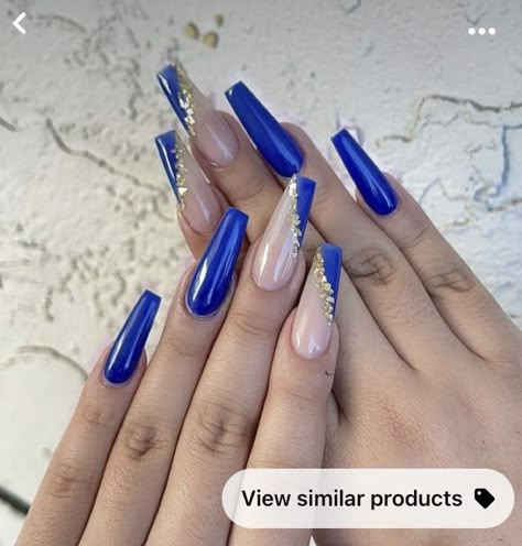 Blue Gold Nails, Royal Blue Nails Designs, Blue Prom Nails, Blue And Silver Nails, Quinceanera Nails, Blue Coffin Nails, Royal Blue Nails, Dark Blue Nails, Gold Acrylic Nails